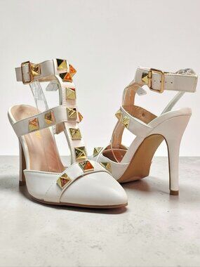 White Studded Pointed-Toe High Heels With Adjustable Buckle Strap & T-Strap Desi